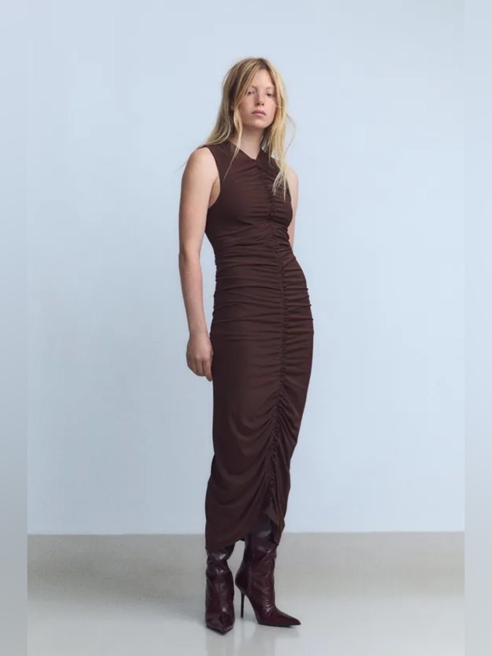 ZARA Chocolate Brown Ruched Maxi Dress High Neck NWT L